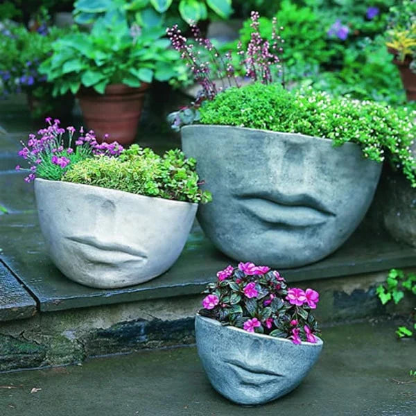 Campania International Planters Collection Image of Faccia Planters on stone patio filled with plants.