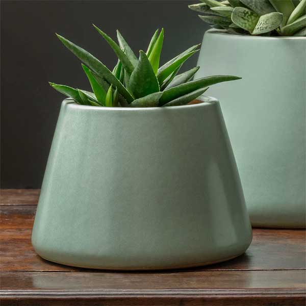 Artisan Pot Planter, Medium - Robin's Egg - S/4 filled with plants on table upclose