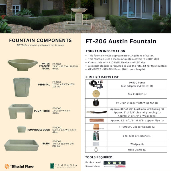 Complete overview of the Austin Fountain with dimensions, weights, pump kit parts, tools, and general info.