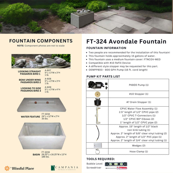 Complete overview of the Avondale Fountain with dimensions, weights, pump kit parts, tools, and general info.