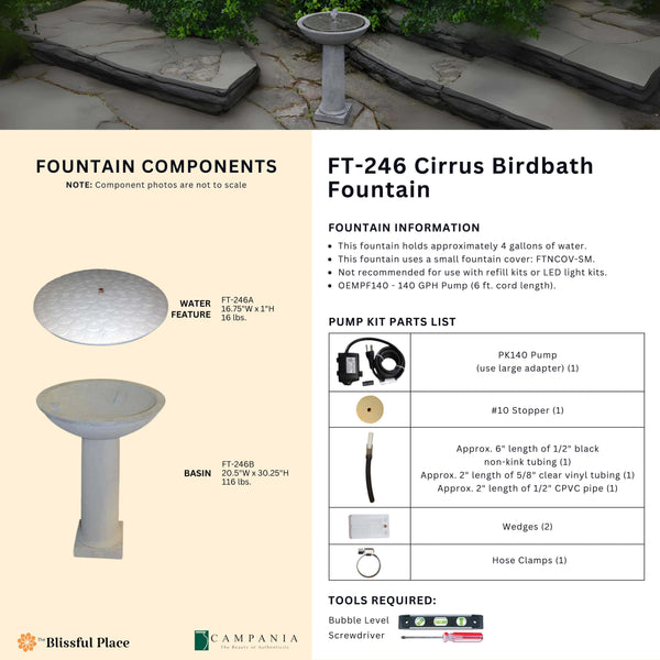 Complete overview of the Cirrus Birdbath Fountain with dimensions, weights, pump kit parts, tools, and general info.