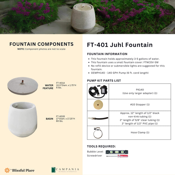 Complete overview of the Juhl Fountain with dimensions, weights, pump kit parts, tools, and general info.