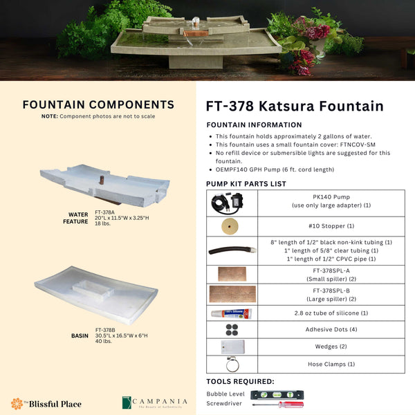 Complete overview of the Katsura Fountain with dimensions, weights, pump kit parts, tools, and general info.