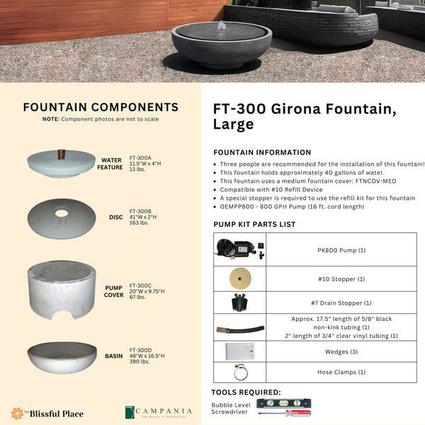 Complete overview of the Girona Fountain, Large with dimensions, weights, pump kit parts, tools, and general info.
