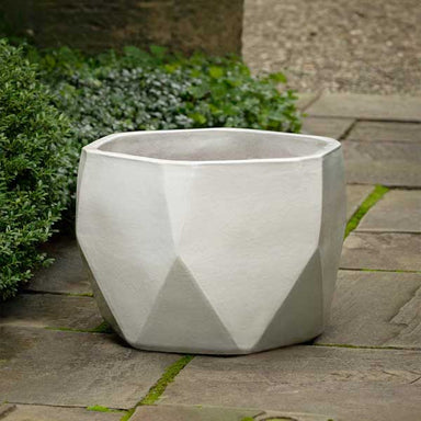 Prism Planter - White on concrete in the backyard