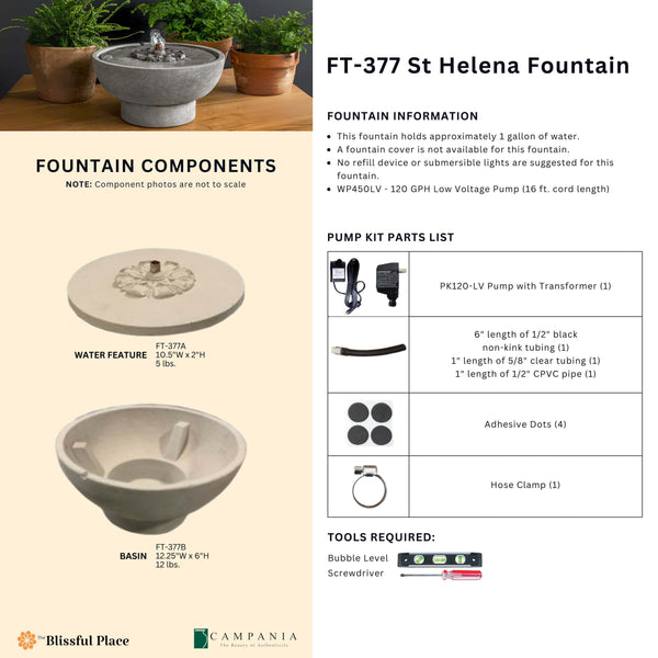 Complete overview of the St. Helena Fountain with dimensions, weights, pump kit parts, tools, and general info.