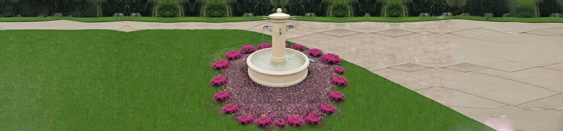 Avignon Fountain surrounded by pink flowers in backyard