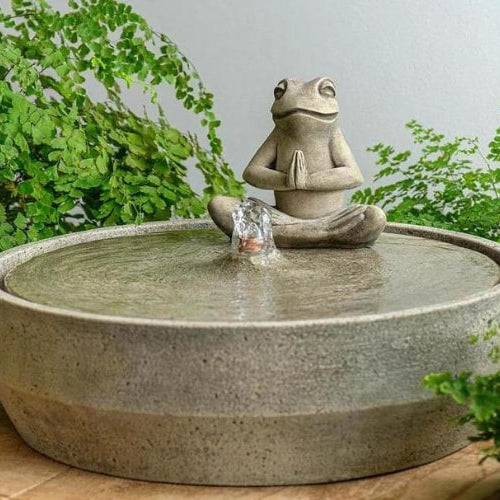 Beveled Yoga Frog Fountain in alpine stone in action featured image