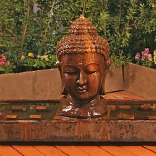 Buddha Head Fountain large in action in backyard featured image