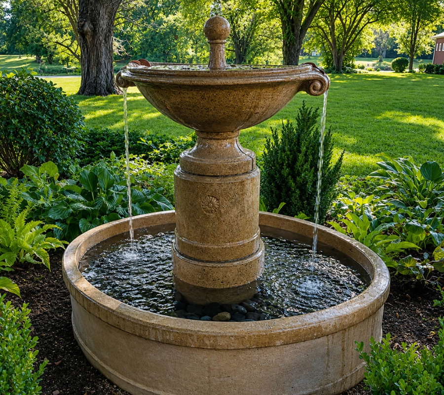 Campania Borghese in Basin cast stone fountain flowing in a lush landscaped garden with mature trees