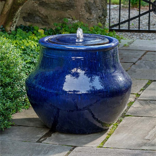 Ceramic Fountains Collection Image of Del Corso Fountain - Riviera Blue S/1 running near gate.
