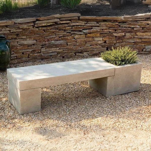 Concrete Benches Collection Image of Modular Bench Configuration 1 on gravel in the backyard.