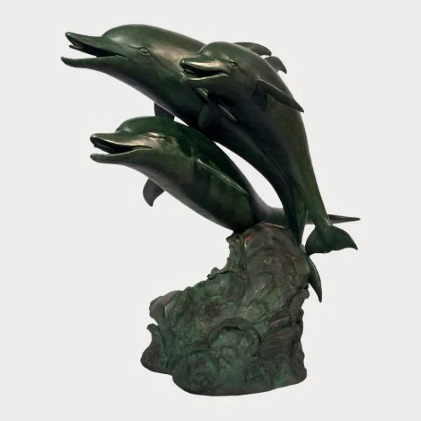 Dolphin Fountains Collection Image of Bronze Three Dolphins Fountain Sculpture against gray background.