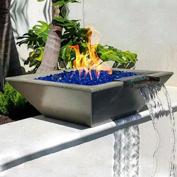 Fire and Water Bowls Collection Image of Maya GFRC Fire and Water on ledge in the backyard.