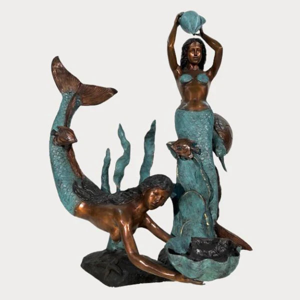 Fountain Statues Collection Image of Bronze Mermaids in Sea Fountain Sculpture against white backdrop.
