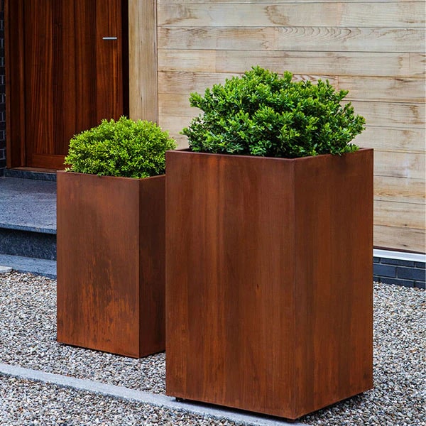 Metal Planters Collection Image of Steel Tall Cube Planter Steel S/2 filled with plants.