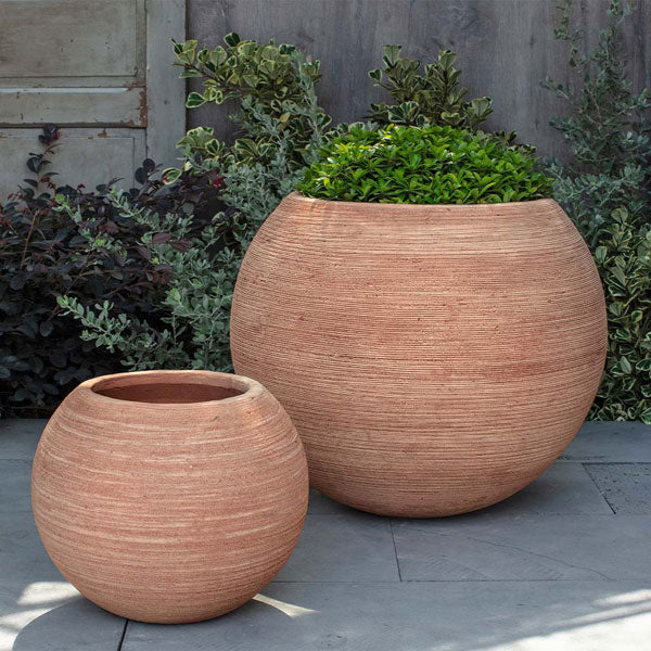 Round Planters Collection Image of Allium Planter - Terra Cotta - S/2 filled with plants.