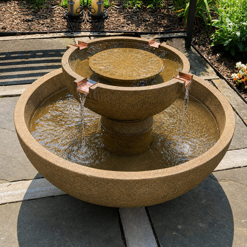 29 inch del rey fountain in aged limestone in action on patio