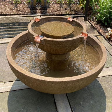 29 inch del rey fountain in aged limestone in action on patio