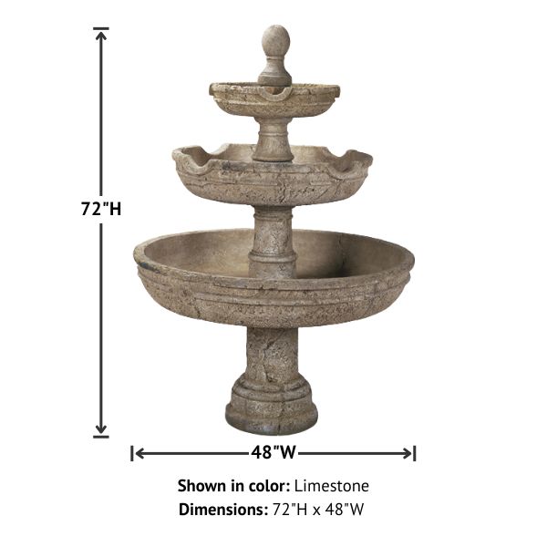 Agrigento Three Tier Fountain against white background with product details.