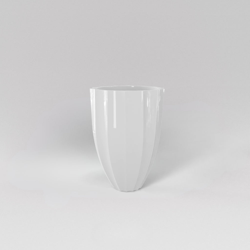 Alicante Tapered Fluted Round Fiberglass Planter in gloss bright white against gray background.