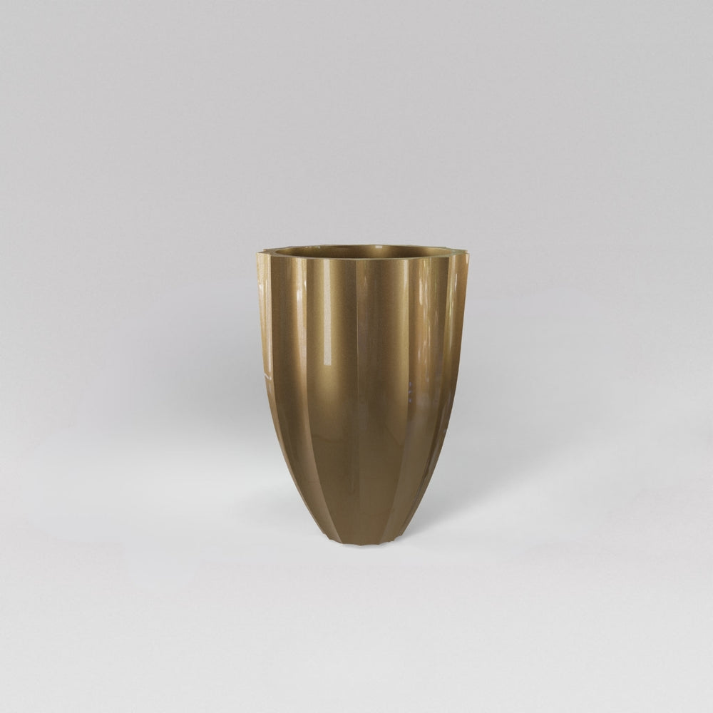 Alicante Tapered Fluted Round Fiberglass Planter in gloss metallic gold against gray background.