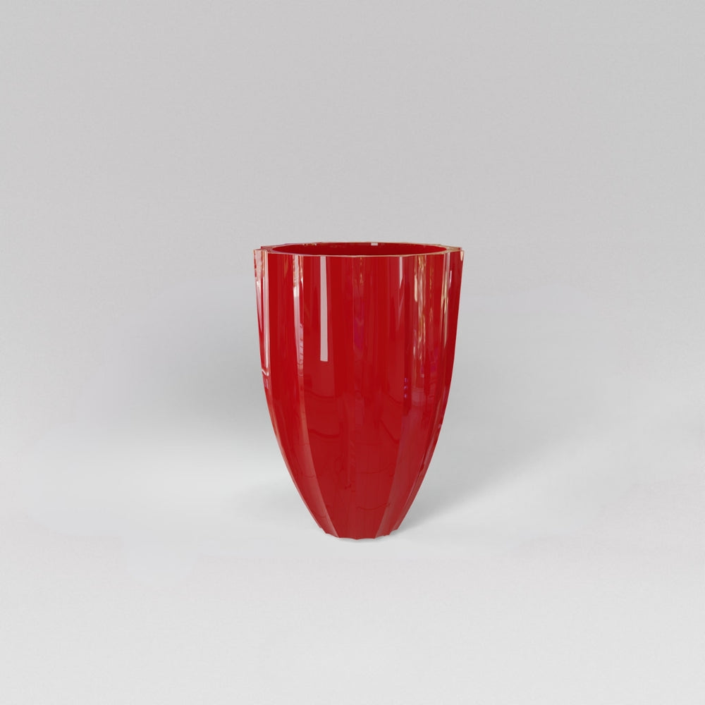 Alicante Tapered Fluted Round Fiberglass Planter in gloss red against gray background.