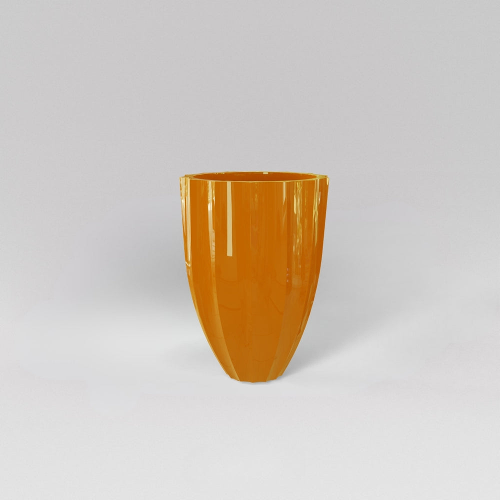 Alicante Tapered Fluted Round Fiberglass Planter in gloss tangerine against gray background.