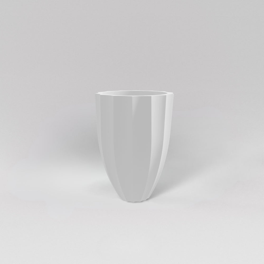 Alicante Tapered Fluted Round Fiberglass Planter in matte bright white against gray background.