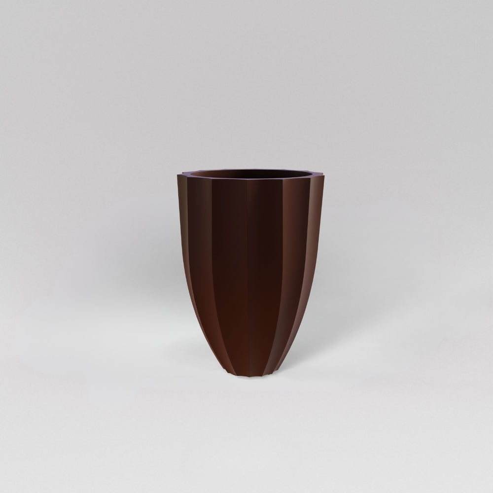 Alicante Tapered Fluted Round Fiberglass Planter in matte dark brown against gray background.