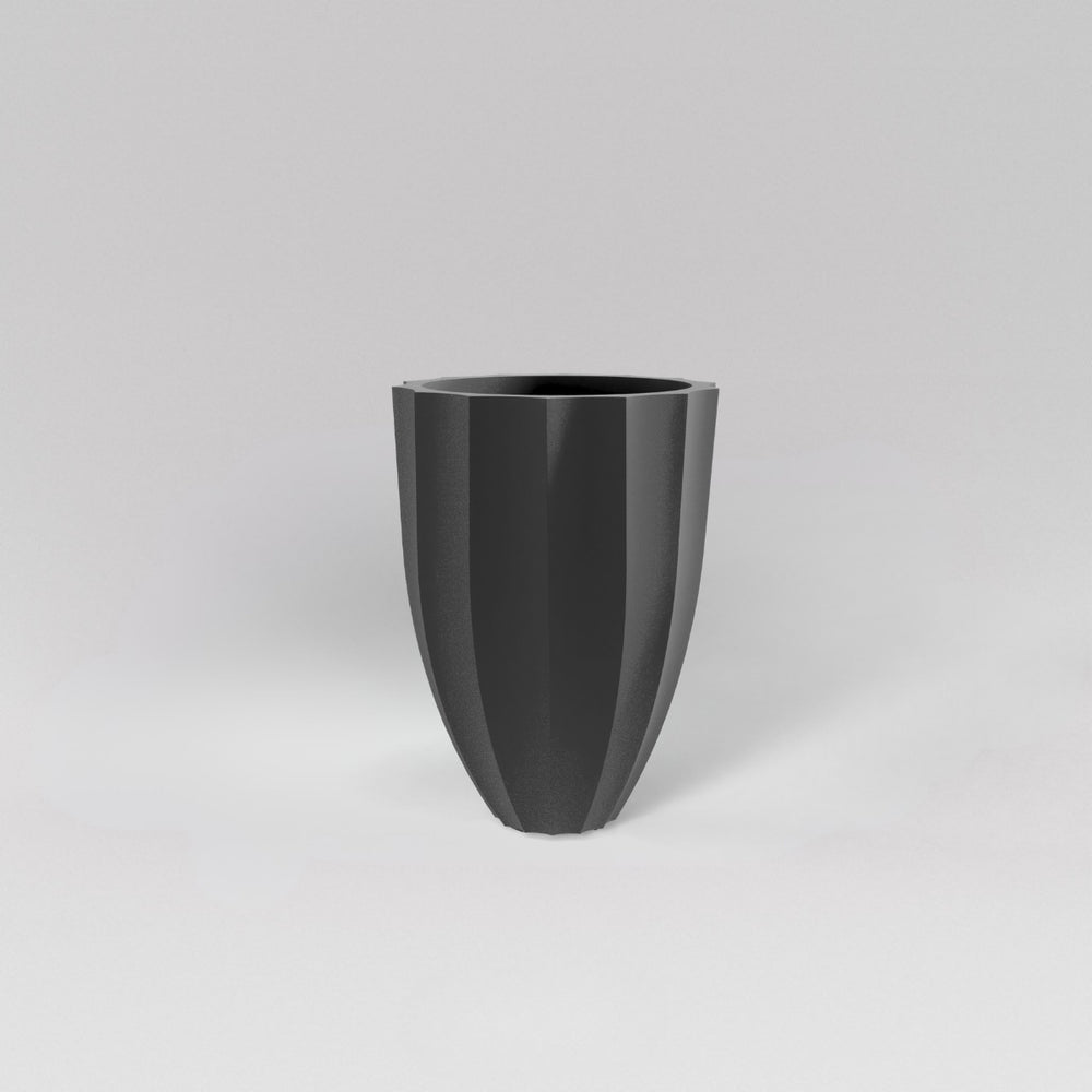 Alicante Tapered Fluted Round Fiberglass Planter in matte gunmetal against gray background.