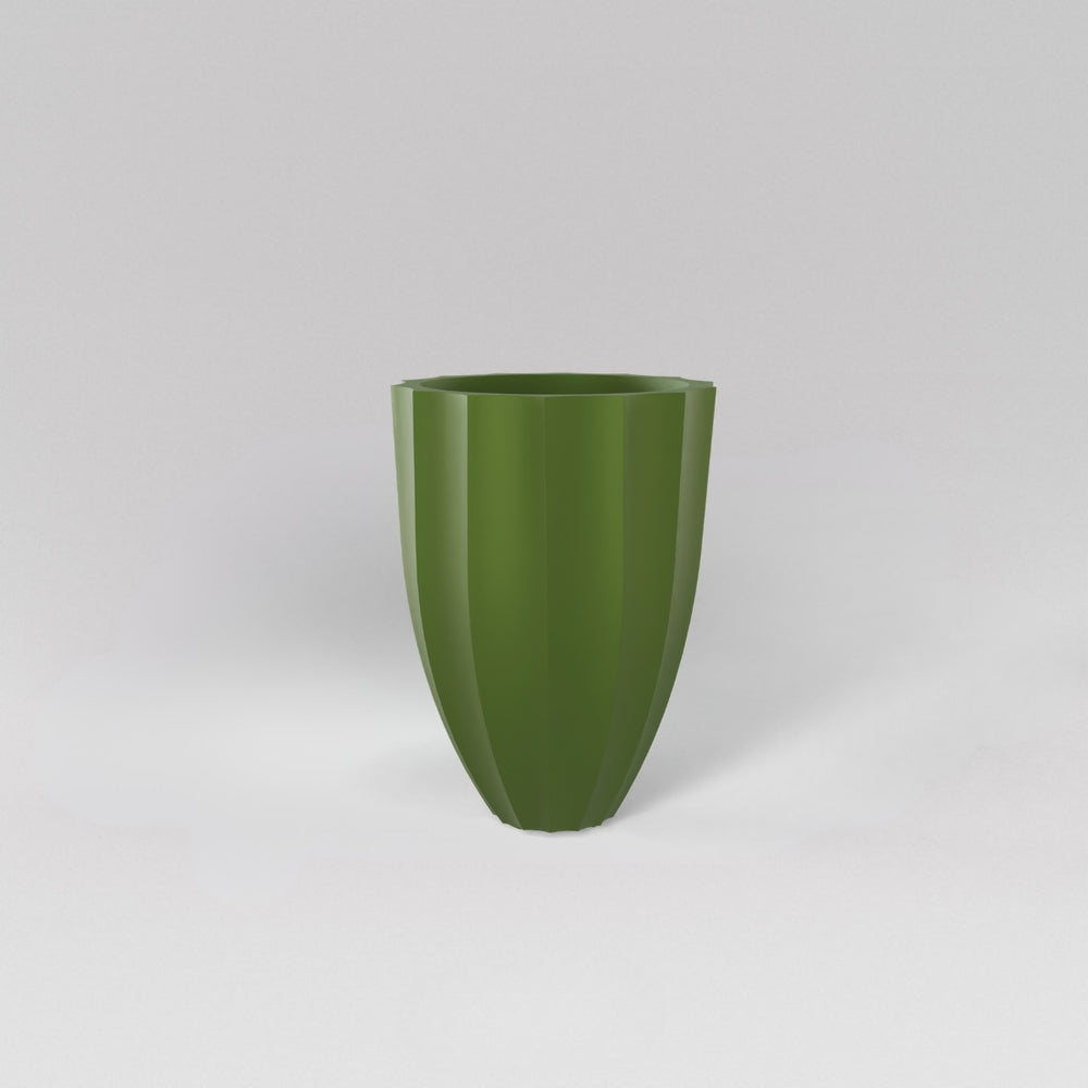 Alicante Tapered Fluted Round Fiberglass Planter in satin green against gray background.