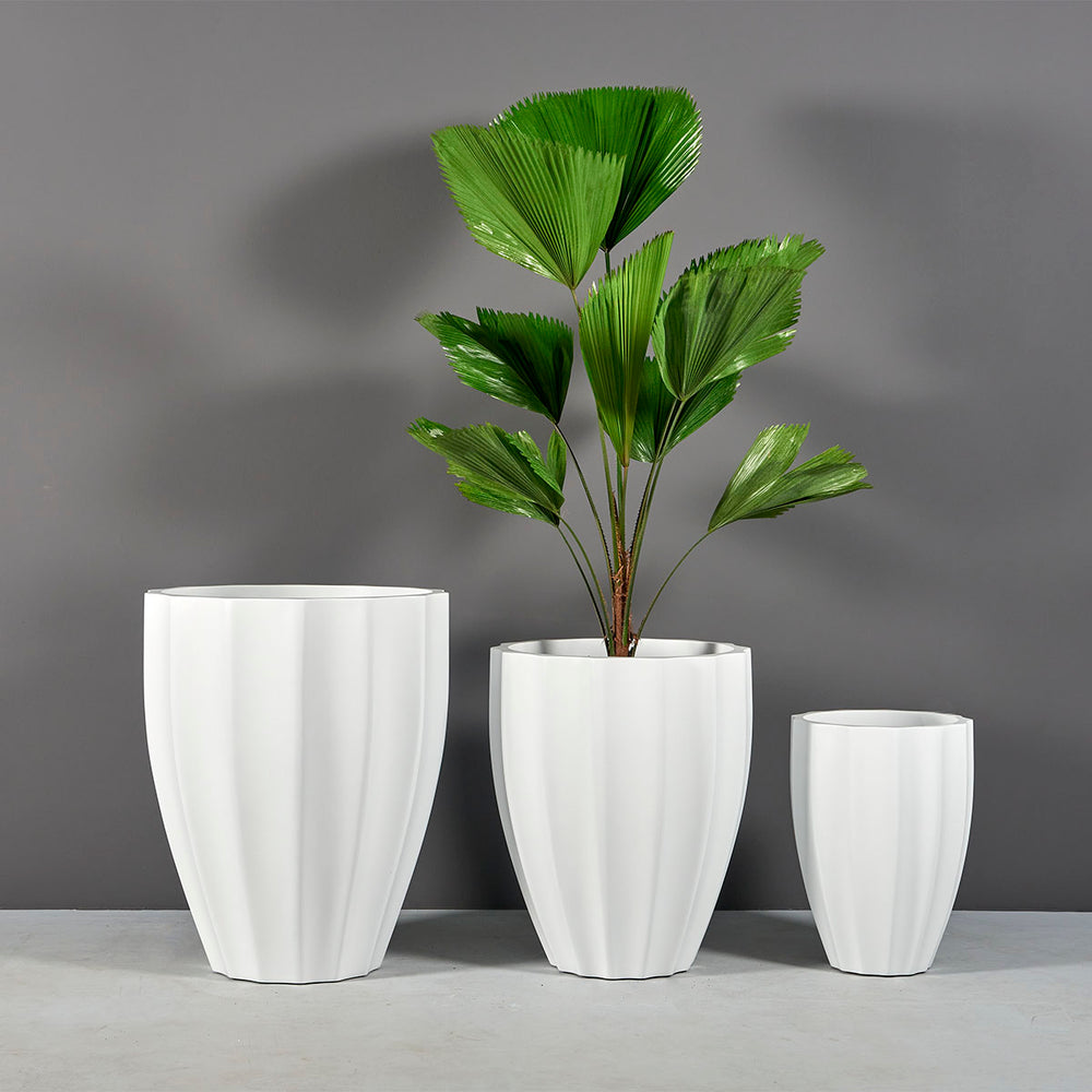 Alicante Tapered Fluted Round Fiberglass Planter shown with different sizes filled with plants.