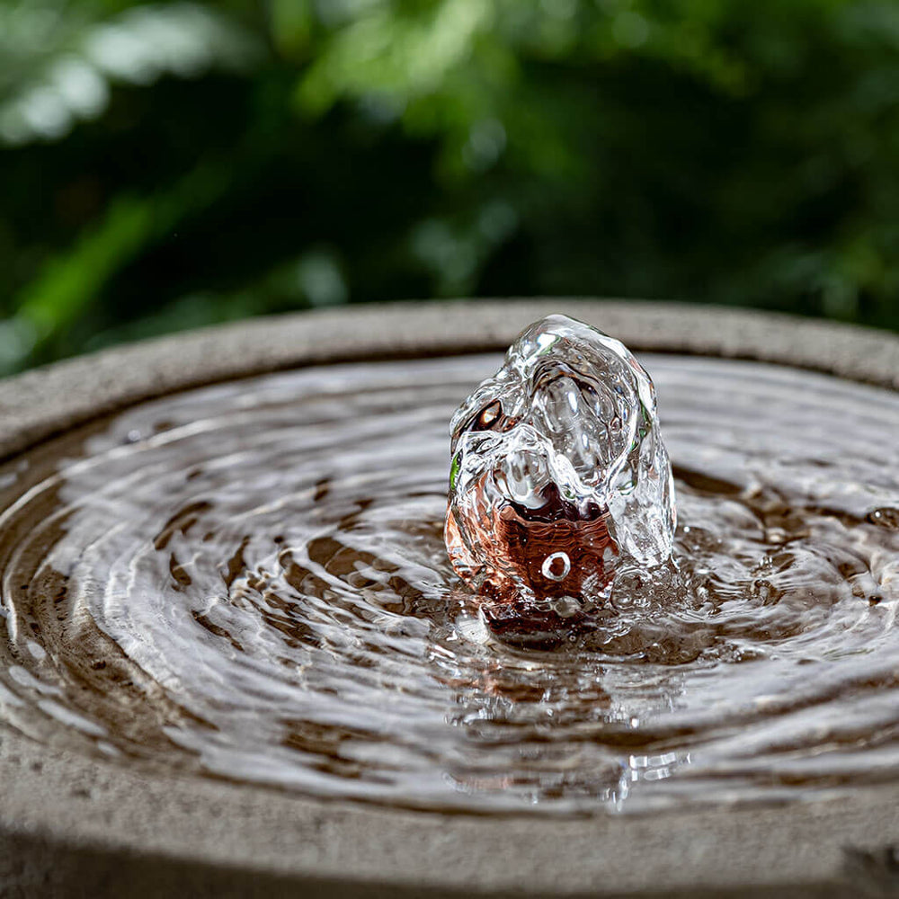 Alvar Fountain in action against green plants upclose.