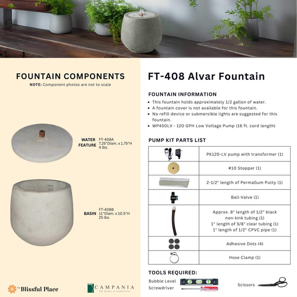 Complete overview of the Alvar Fountain with dimensions, weights, pump kit parts, tools, and general info. 