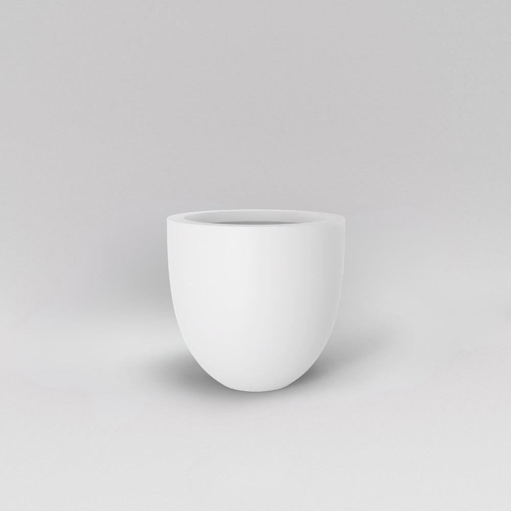 Alzira Round Fiberglass Planter in matte bright white against gray background.