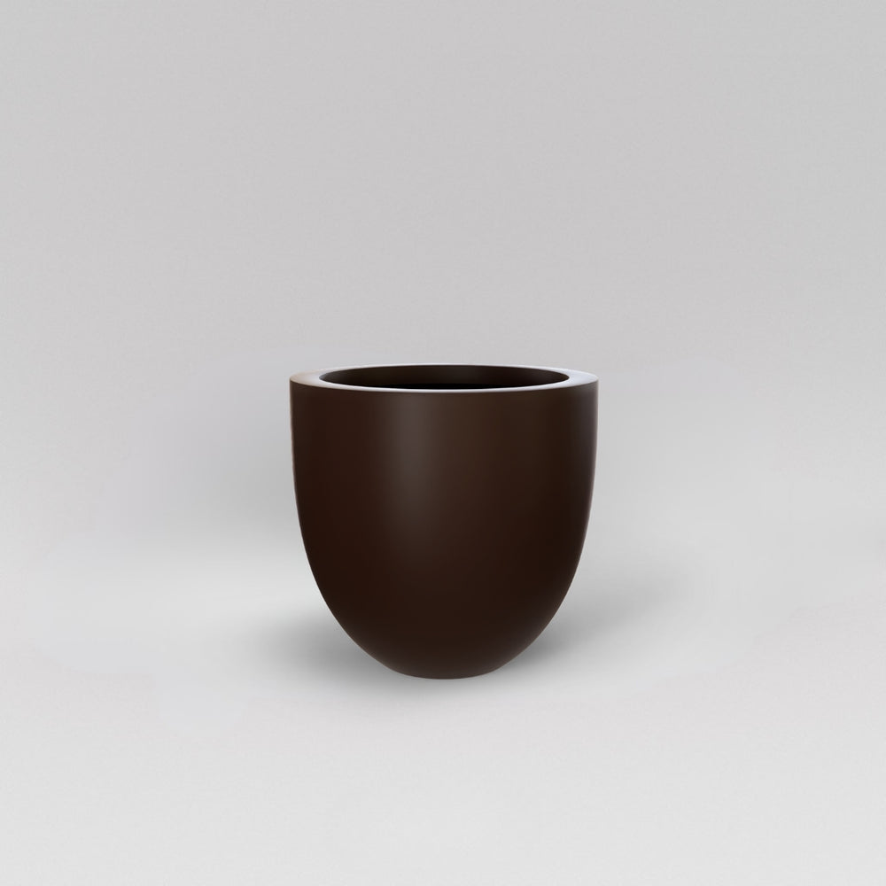 Alzira Round Fiberglass Planter in matte dark brown against gray background.