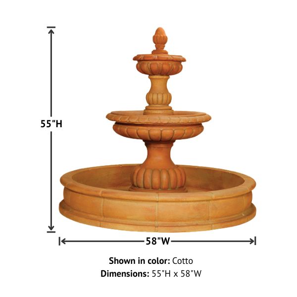 Ambra Two Tier Pond Fountain against white background with product details.