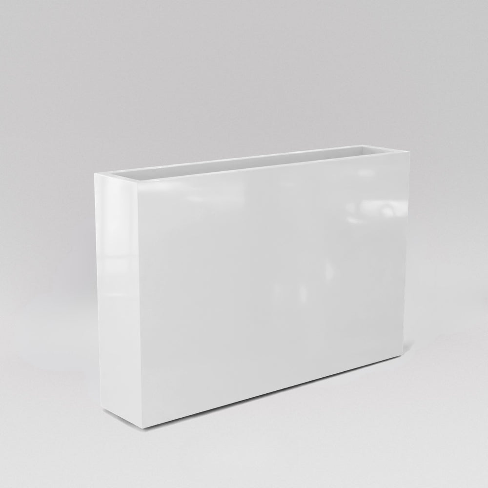 Amesbury Narrow Rectangle Planter in gloss bright white against gray background.