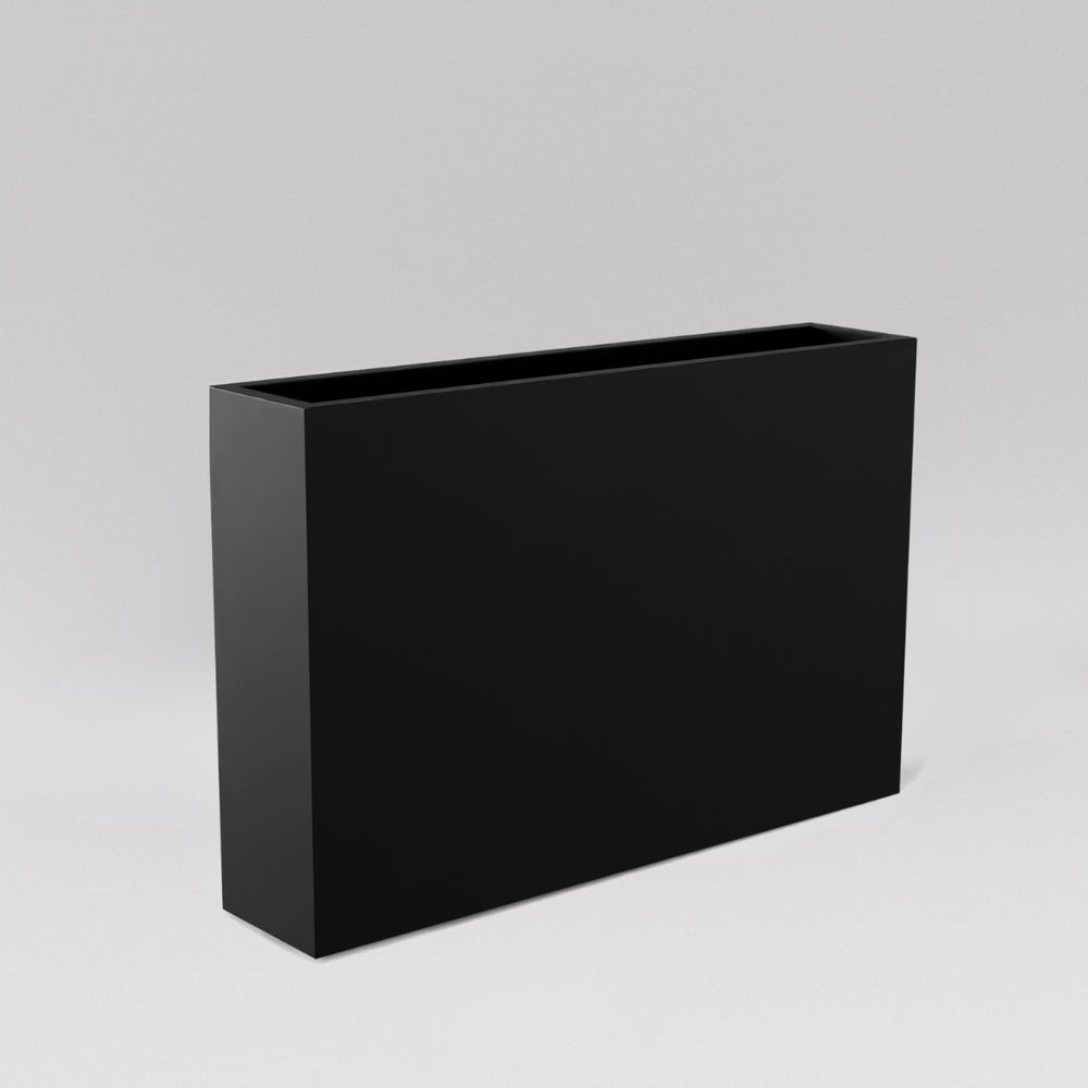 Amesbury Narrow Rectangle Planter in matte black against gray background.