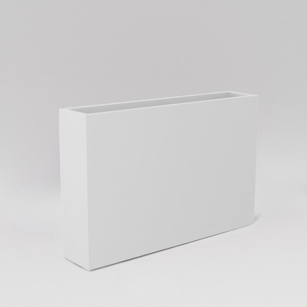 Amesbury Narrow Rectangle Planter in matte bright white against gray background.