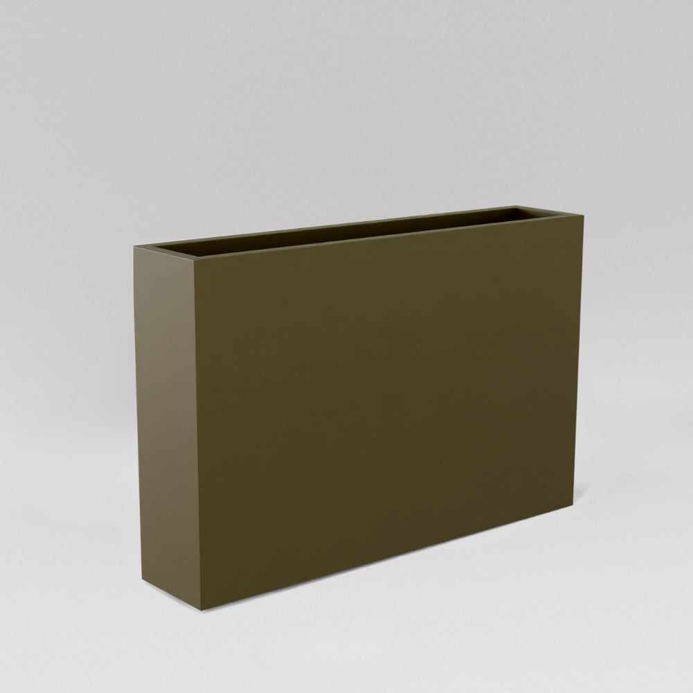 Amesbury Narrow Rectangle Planter in matte bronze against gray background.