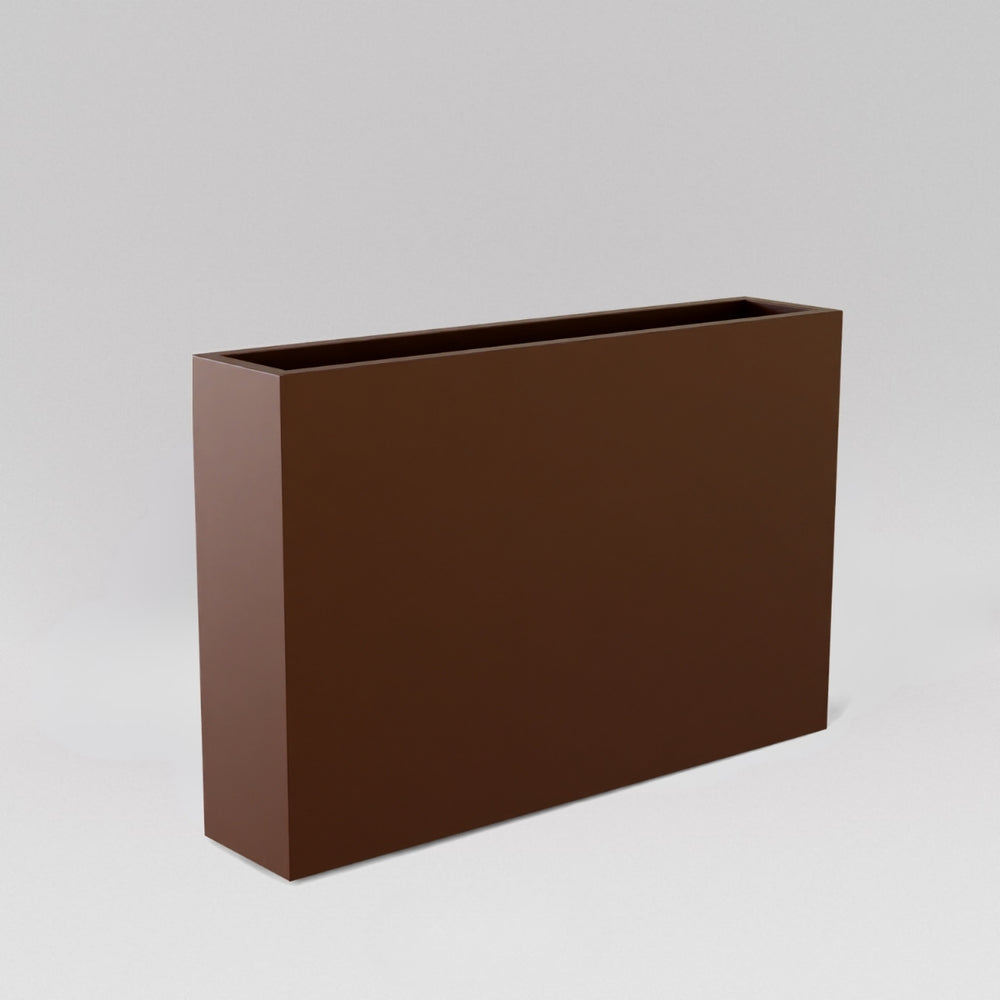Amesbury Narrow Rectangle Planter in matte dark brown against gray background.