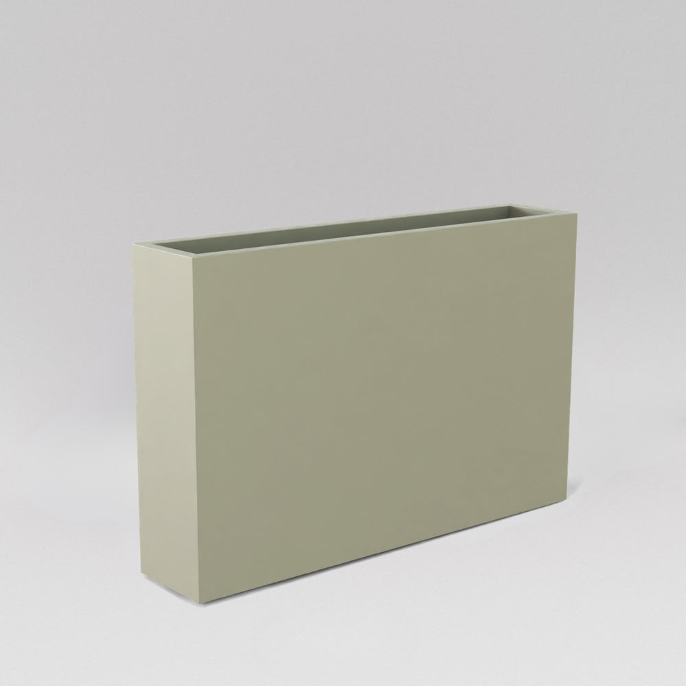 Amesbury Narrow Rectangle Planter in satin beige against gray background.