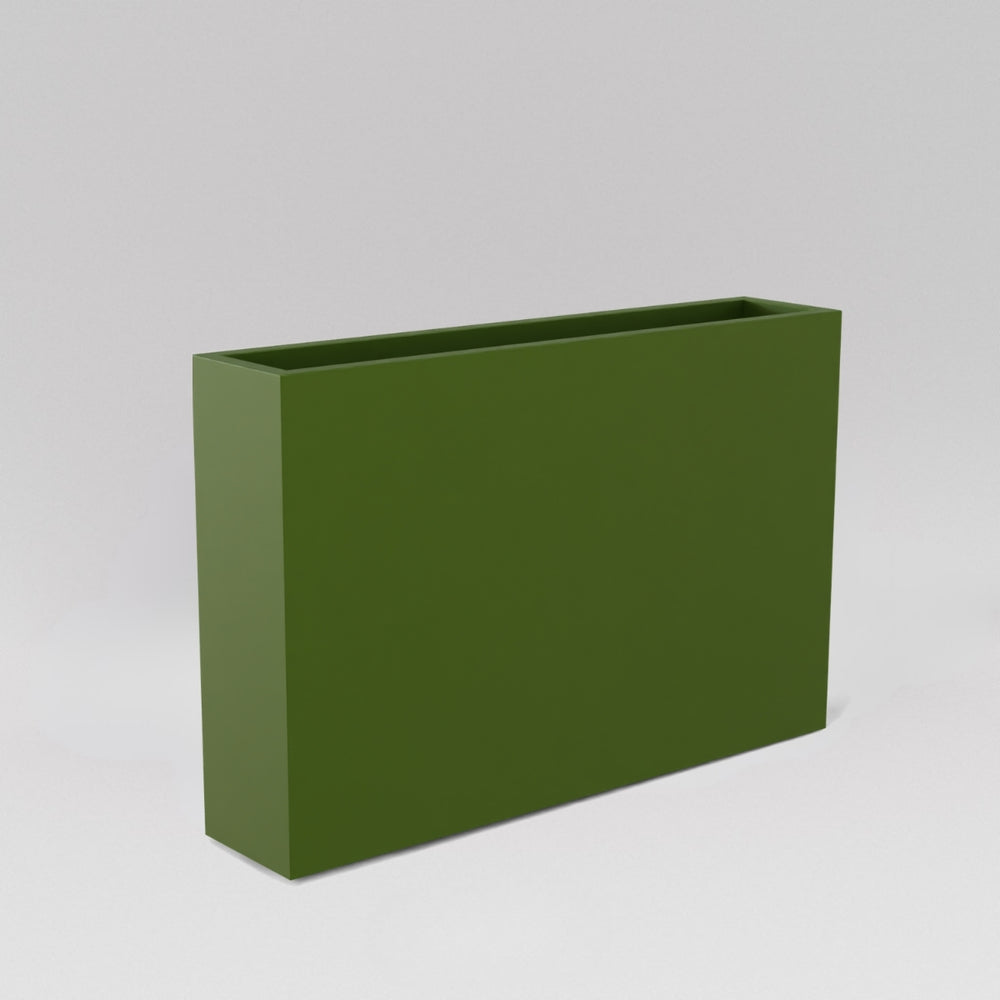 Amesbury Narrow Rectangle Planter in satin green against gray background.