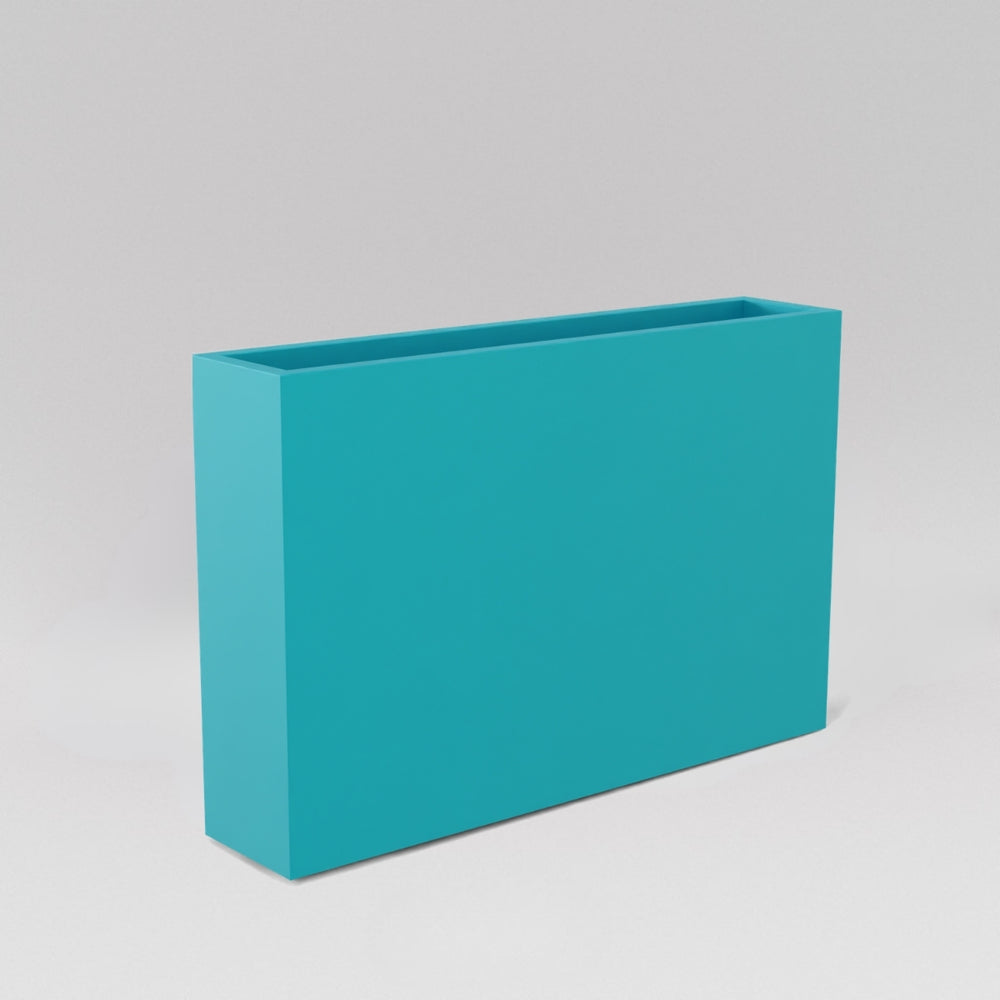 Amesbury Narrow Rectangle Planter in satin seafoam green against gray background.