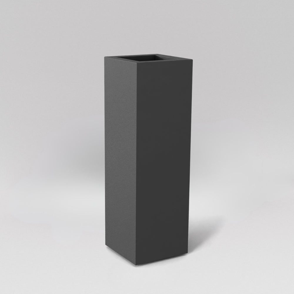 Amesbury Tall Corner Planter in matte gunmetal against gray background.