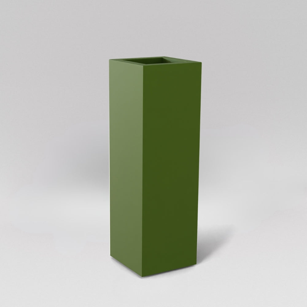 Amesbury Tall Corner Planter in satin green against gray background.