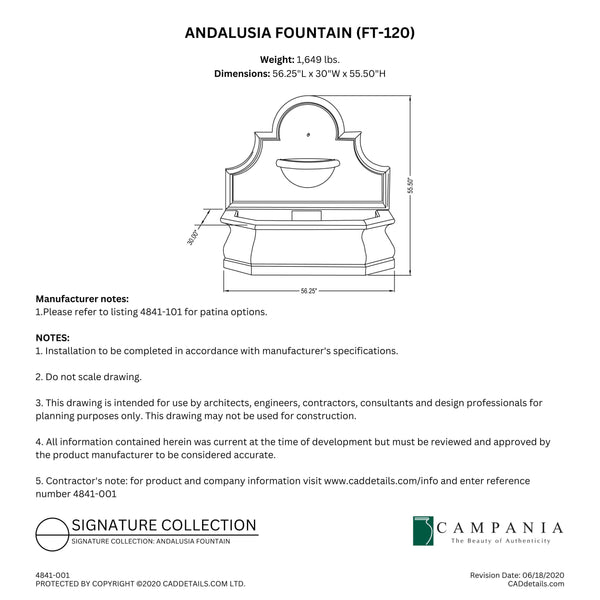 CAD drawing of the Andalusia Fountain with dimensions, weight, and manufacturer notes.