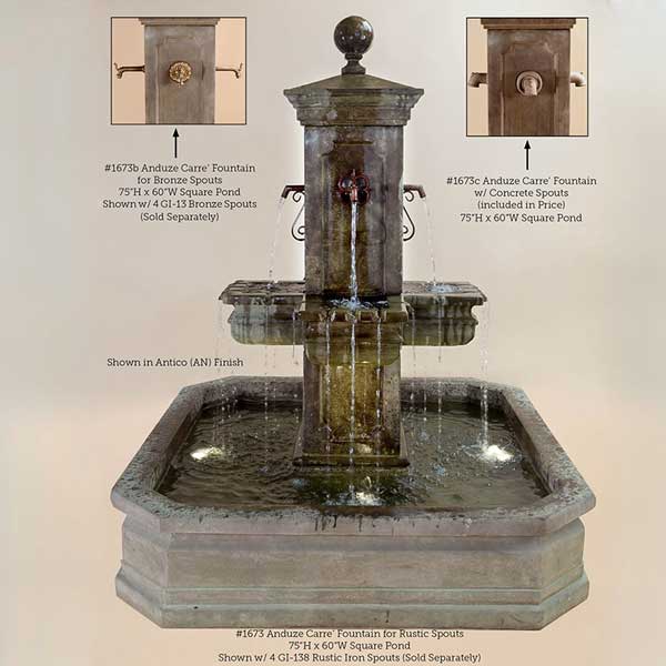 Anduze Carre Pond Fountain with spouts style against brown background.